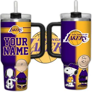 Custom Los Angeles Lakers Peanuts Snoopy and Charlie Brown Basketball Tumbler