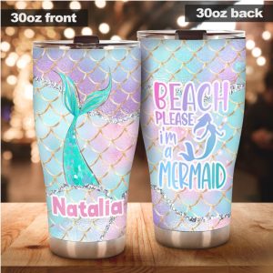 Personalized Beach Please I'm a Mermaid Tumbler, Custom Name Iridescent Scale Drinkware
