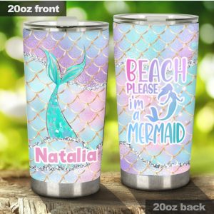 Personalized Beach Please I'm a Mermaid Tumbler, Custom Name Iridescent Scale Drinkware