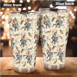 Personalized Fishing Caricature Pattern Tumbler, Custom Fisherman Hobby Gift for Dad