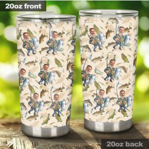 Personalized Fishing Caricature Pattern Tumbler, Custom Fisherman Hobby Gift for Dad