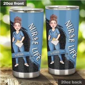 Personalized Nurse Life Blue Scrub & Stethoscope Leopard Print Tumbler