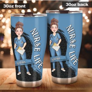 Personalized Nurse Life Blue Scrub & Stethoscope Leopard Print Tumbler