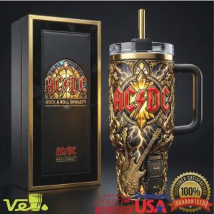 AC DC Rock & Roll Dynasty World Tour Band Tribute Vintage Gold 40oz Stainless Steel Insulated Tumbler