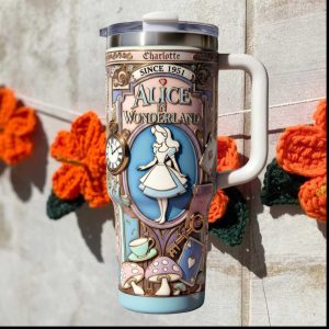 Alice in Wonderland Vintage 3D Embossed Tumbler Mad Tea Party & Mushrooms