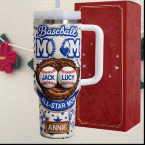 All Star Baseball Mom Personalized Annie Jack Lucy Heart Sports Gift 40oz Tumbler