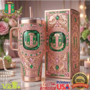 Alpha Kappa Alpha 1908 Sorority Pink and Green Gemstone Ivy Leaf 40oz Stainless Steel Insulated Tumbler