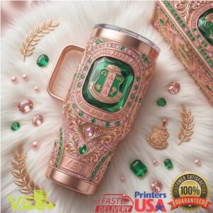 Alpha Kappa Alpha 1908 Sorority Pink and Green Gemstone Ivy Leaf 40oz Stainless Steel Insulated Tumbler