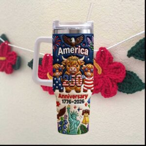 America 250th Anniversary 1776 2026 Highland Cow Patriotic USA Personalized Emma Tumbler