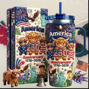 America 250th Anniversary 1776 2026 Patriotic Highland Cow Personalized Kids Gift Tumbler