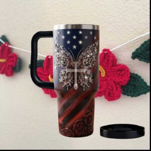American Flag Butterfly Cross Patriotic Rose Religious Spiritual Tumbler
