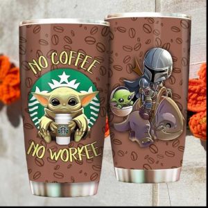 Baby Yoda “No Coffee No Workee” Mandalorian Coffee Bean Pattern Tumbler
