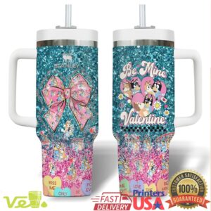 Bluey Bingo Heelertines Day Valentine Blue Glitter Style Gift For Kids 40oz Stainless Steel Insulated Tumbler
