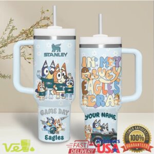 Bluey Philadelphia Eagles Era Game Day Personalized Name Kids Sports Fan Gifts Stainless Steel Insulated Tumbler