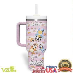 Bluey and Bingo Pink Glitter Stripes Custom 40oz Tumbler with Handle