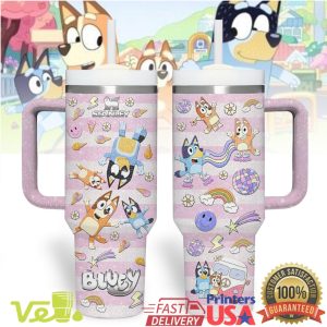 Bluey and Bingo Pink Glitter Stripes Custom 40oz Tumbler with Handle