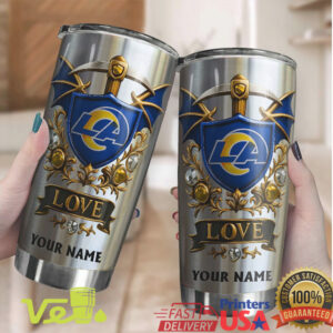 Custom LA Rams Shield Tumbler Personalized Name Luxury Gold & Blue Football Fan Tumbler