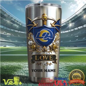 Custom LA Rams Shield Tumbler Personalized Name Luxury Gold & Blue Football Fan Tumbler