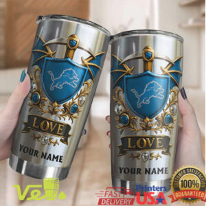 Detroit Lions Custom Name Ornate Gold & Blue Shield 40oz Fan Tumbler