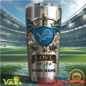 Detroit Lions Custom Name Ornate Gold & Blue Shield 40oz Fan Tumbler