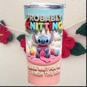 Disney Stitch “Probably Knitting” 3D Puff Effect Tumbler Cute Lilo & Stitch Gift