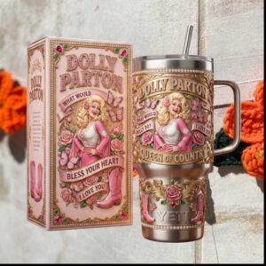 Dolly Parton Queen of Country Bless Your Heart Pink Retro 20oz Music Fan Gift Stainless Steel Insulated Tumbler