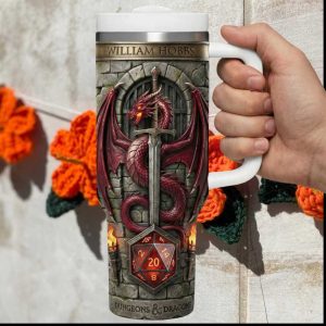 Dungeons & Dragons Personalized Red Dragon & D20 Dice 3D Tumbler