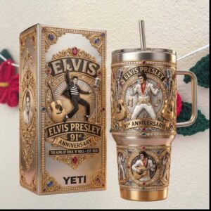 Elvis Presley 91st Anniversary King of Rock N Roll Jeweled Style Stainless Steel Insulated Tumbler
