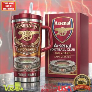 Arsenal FC The Gunners 140 Years Anniversary Emirates Stadium Personalized Soccer Tumbler