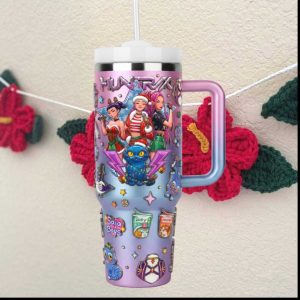 Huntrax Holiday Anime Girls Custom 40oz Tumbler with Blue Cat Graphic