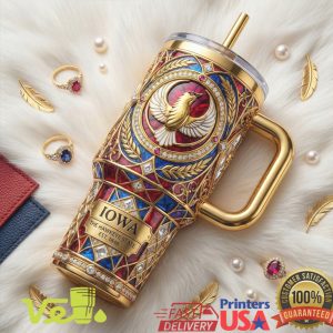 Iowa The Hawkeye State Est 1846 Luxury Gold Crest Commemorative Fan Tumbler