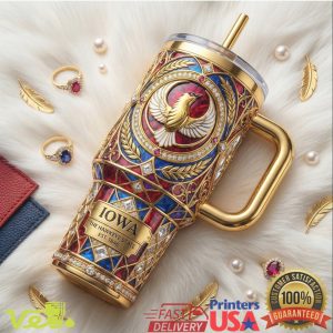 Iowa The Hawkeye State Est 1846 Luxury Gold Crest Commemorative Fan Tumbler