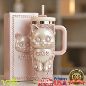 Kawaii Pink Pearl Cat 40oz Tumbler Cute Embossed Kitty Travel Tumbler