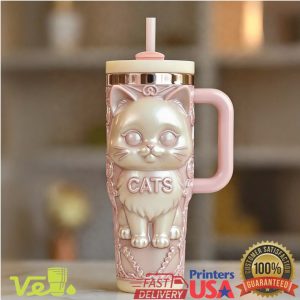Kawaii Pink Pearl Cat 40oz Tumbler Cute Embossed Kitty Travel Tumbler