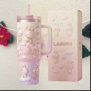Labubu Pop Mart Inspired 3D Embossed Pink Gradient Tumbler with Straw