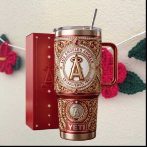 Los Angeles Angels Established 1961 Luxury Filigree Red and Gold Fan Gift Tumbler