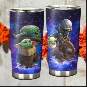 Mandalorian and Baby Yoda Galaxy Starry Night Travel Tumbler