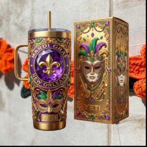 Mardi Gras New Orleans Fleur De Lis Masquerade Gold Purple Festival Gift Stainless Steel Insulated Tumbler