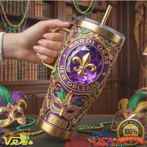Mardi Gras New Orleans Masquerade Purple Gold Festive 40oz Tumbler