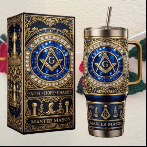 Master Mason Faith Hope Charity Royal Blue Gold Filigree Masonic Collector's Edition Tumbler