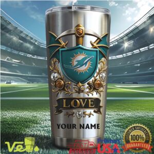 Miami Dolphins Love Shield Personalised Fan Gift Silver Tumbler