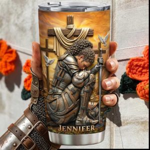 Personalized Christian Female Knight Kneeling at Cross Religious Tumbler