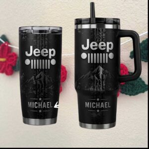 Personalized Jeep Grill Mountain Custom Name Michael Black Matte Minimalist Tumbler