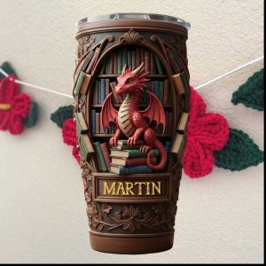 Personalized Library Dragon 3D Embossed Book Lover Tumbler