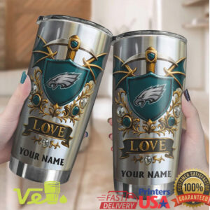 Philadelphia Eagles Love Shield Custom Name Fan Gear Silver Tumbler