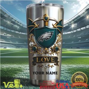 Philadelphia Eagles Love Shield Custom Name Fan Gear Silver Tumbler