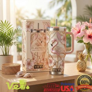 Pink Flamingo Tropical Hibiscus 40oz Insulated Mug with Gift Box