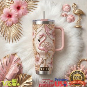 Pink Flamingo Tropical Hibiscus 40oz Insulated Mug with Gift Box