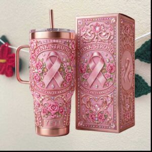 Pink Strong Breast Cancer Awareness Hope Floral Filigree Jeweled 20oz Stainless Steel Insulated Tumbler