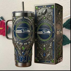Seattle Seahawks 2025 NFC Champions Silver & Emerald Luxury 40oz Tumbler